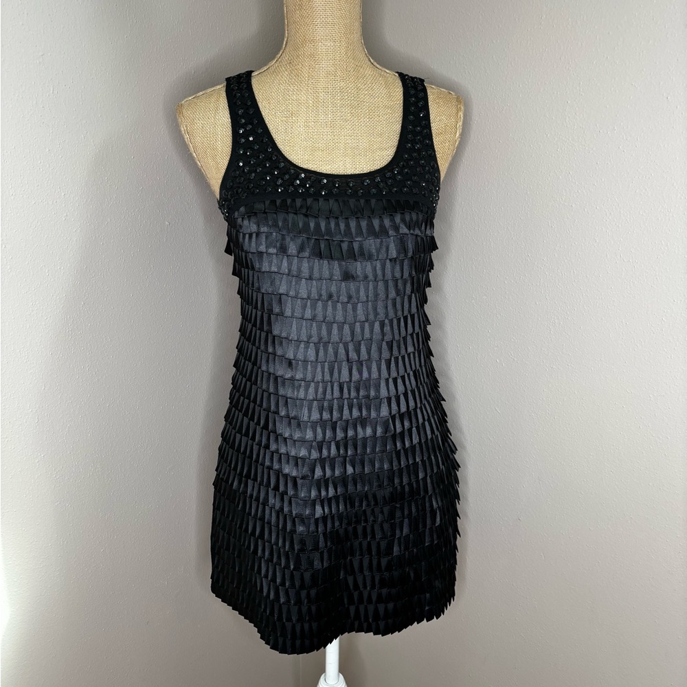 Express LBD Black Beaded Top and Satin Tiered Front Mini Tank Dress Size XS